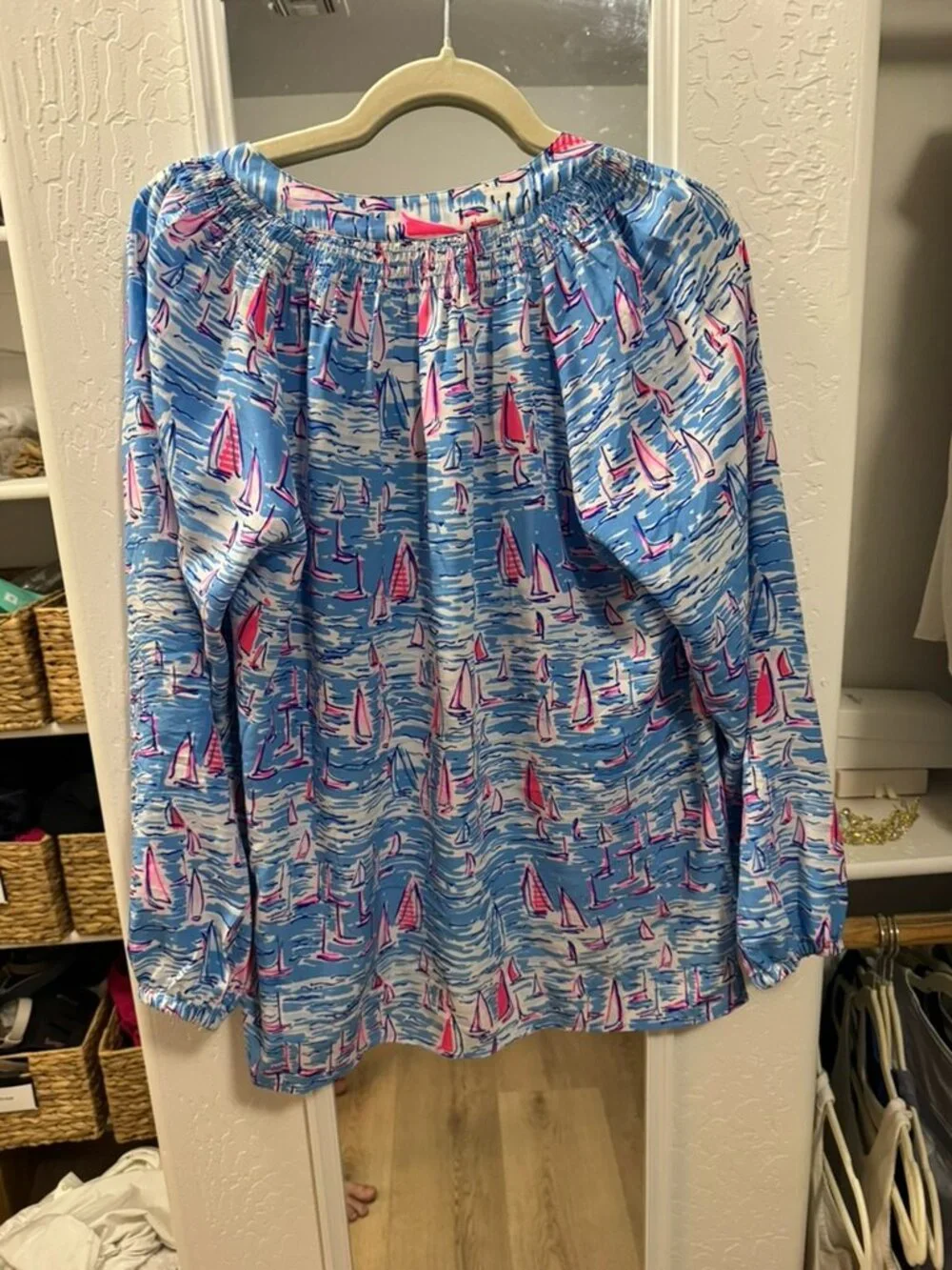 Lilly Pulitzer Elsa Silk Top A Lil Nauti Sailboat Print Blue Size L